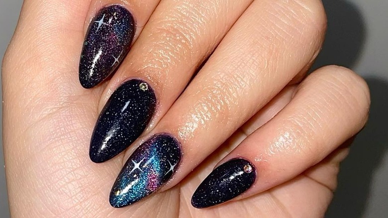 galaxy manicure nails, sparkly blue galaxy manicure