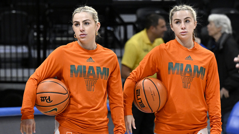 Haley and Hanna Cavinder in University of Miami gear