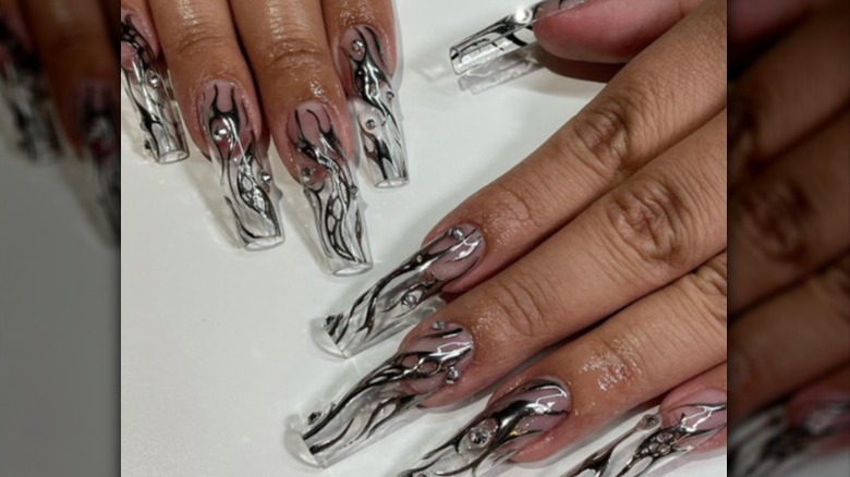 clear nails with bold design