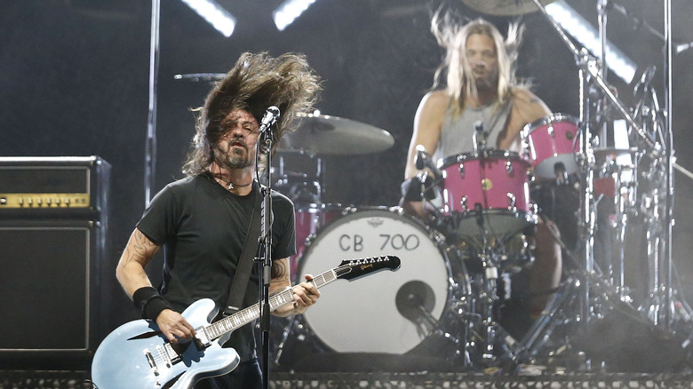Dave Grohl and Taylor Hawkins perform as part of the Foo Fighters.