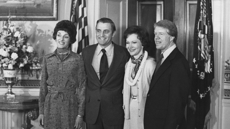 Walter Mondale, wife Joan, with Jimmy Carter and wife Rosalynn smiling