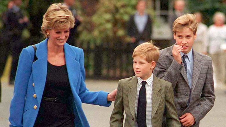 Princess Diana walking her kids to Eton College 