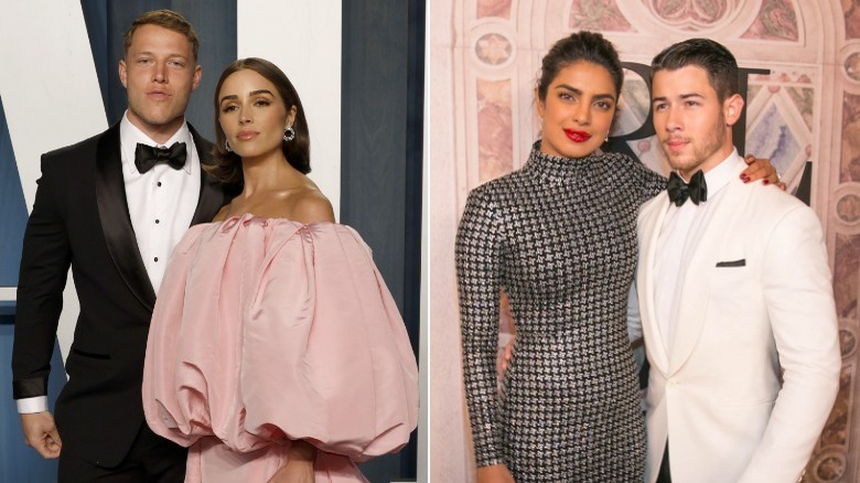 Christian McCaffrey and Olivia Culpo posing, Priyanka Chopra and Nick Jonas smiling