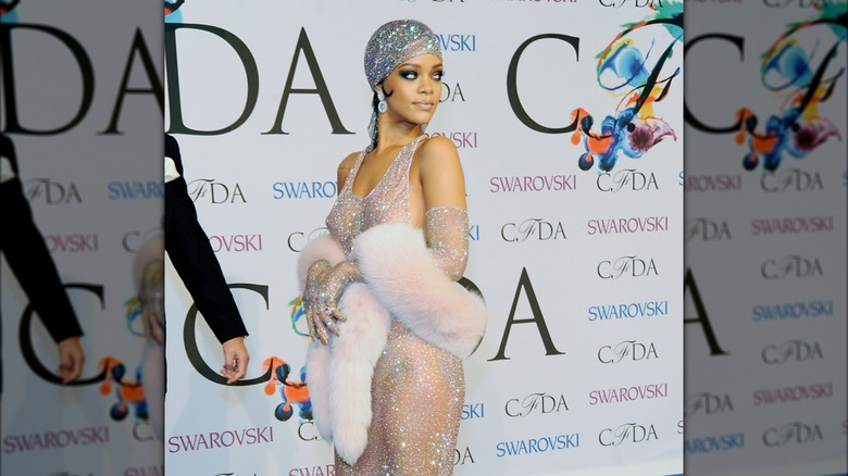 Rihanna posing in a sheer dress