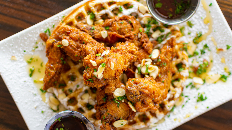 A plate of chicken and waffles