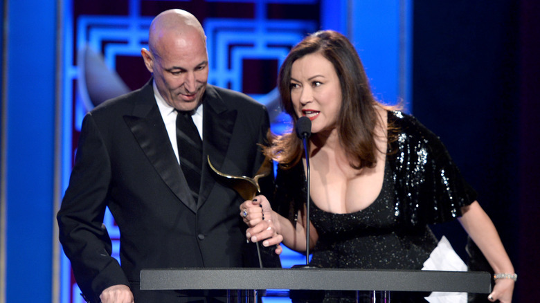 Jennifer Tilly giving a speech with Sam Simon