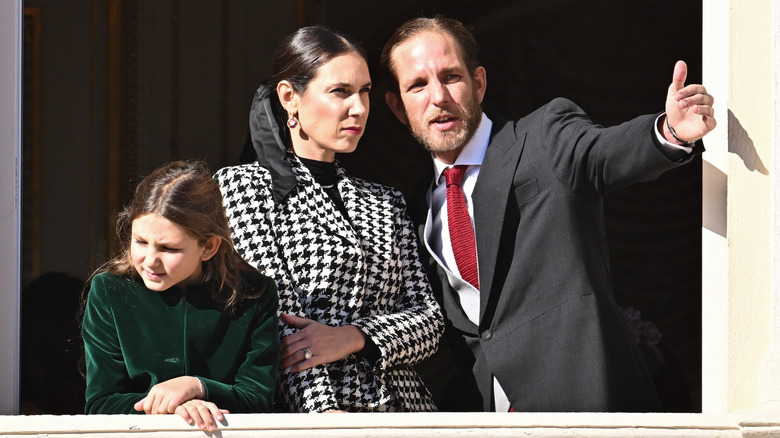 Andrea and Tatiana Casiraghi on the palace balcony with their daughter, India