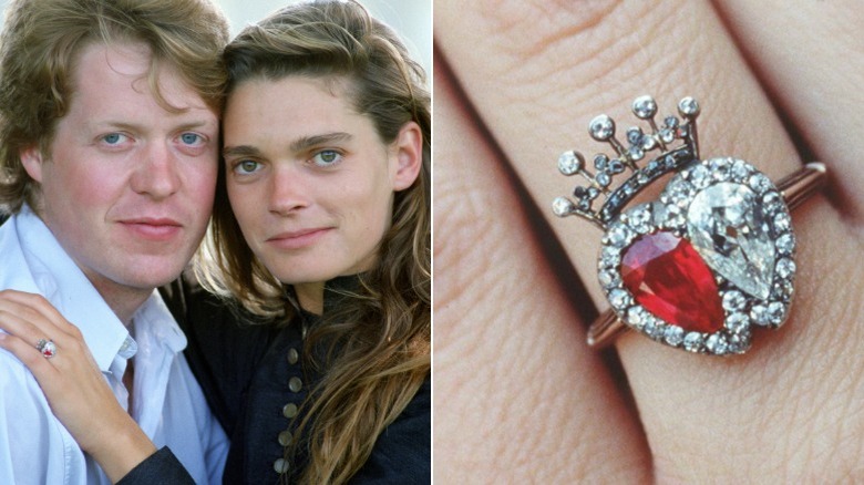 Split image of Victoria and Charles' engagement, closeup of engagement ring