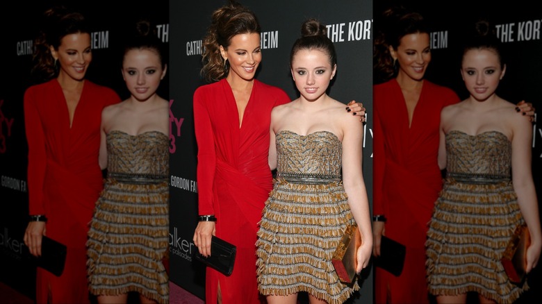 Kate Beckinsale and Lily Mo Sheen smiling on a red carpet