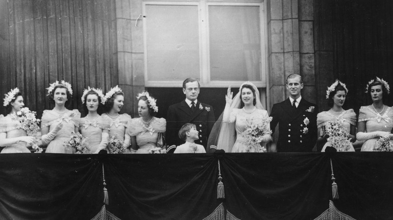 Queen Elizabeth and her wedding party, including Pamela Mountbatten