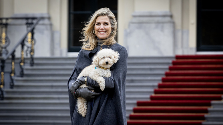 Queen Máxima holding her dog at Huis ten Bosch Palace