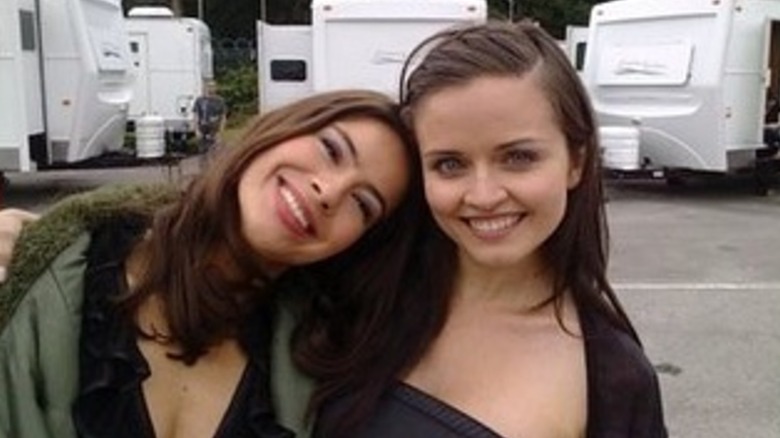 Sophie Winkleman with Vera Graziadei smiling on the set of "Peep Show" in 2009