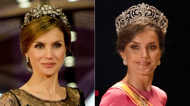 Split image of Queen Letizia closeup in two different tiaras