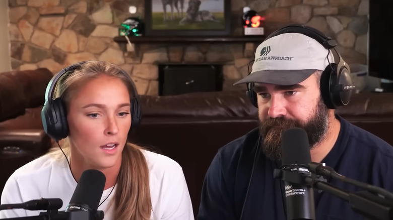 Kylie Kelce and Jason Kelce recording a podcast