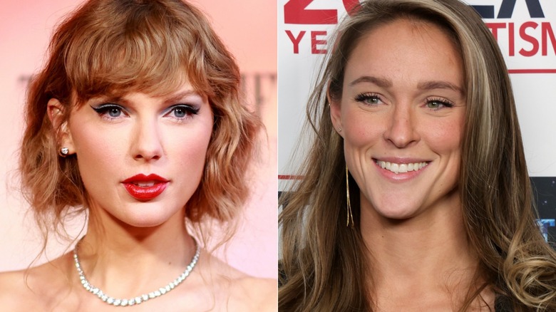 Taylor Swift and Kylie Kelce split image