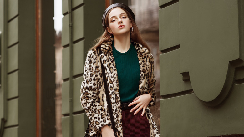 Woman wearing leopard print jacket