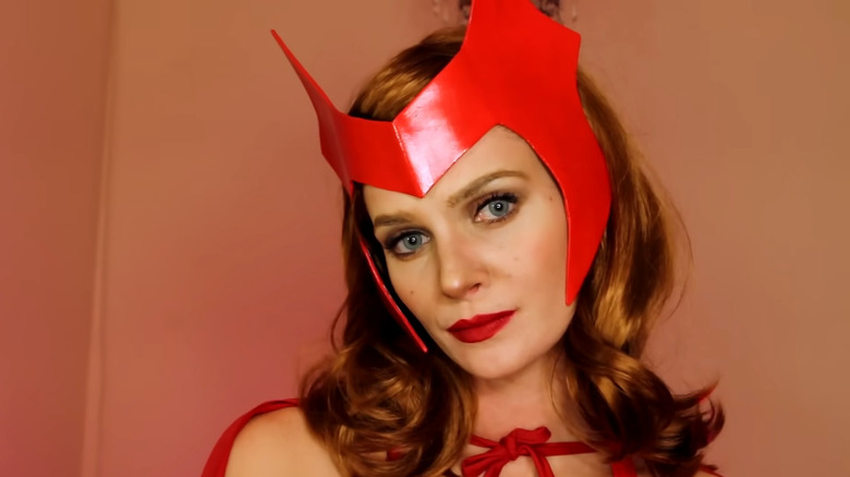 Woman cosplaying as Scarlet Witch