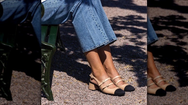 Woman in heeled Mary Janes with double straps