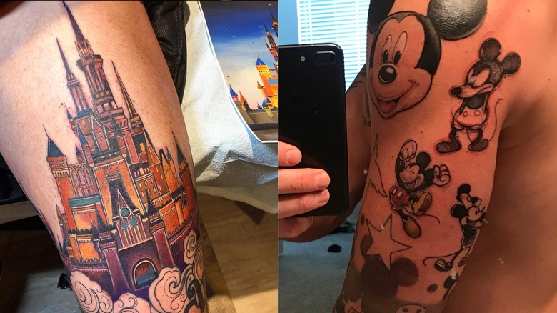 split screen of closeups of David Bromstad's Cinderella and Mickey Mouse tattoos