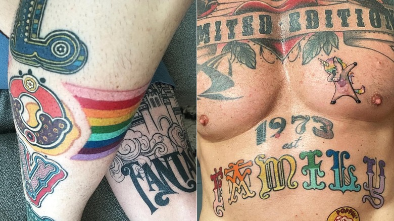 split screen of David Bromstad's love, rainbow tattoos and his family and unicorn tattoos