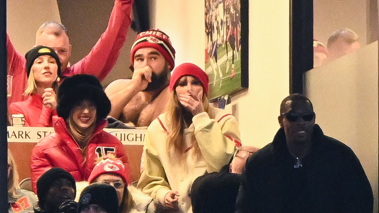 Taylor Swift, Brittany Mahomes, and Jason Kelce watching the Kansas City Chiefs Buffalo Bills game