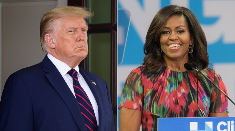 Donald Trump staring and Michelle Obama smiling