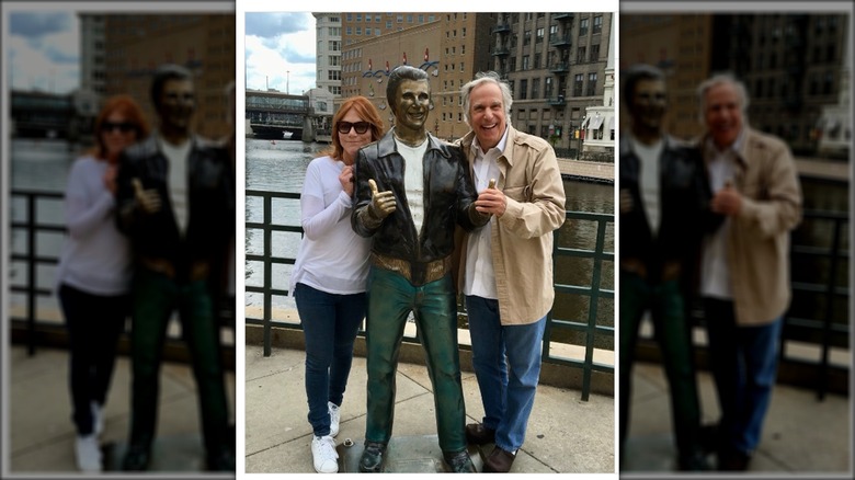 Stacey Weitzman and Henry Winkler with Fonz statue