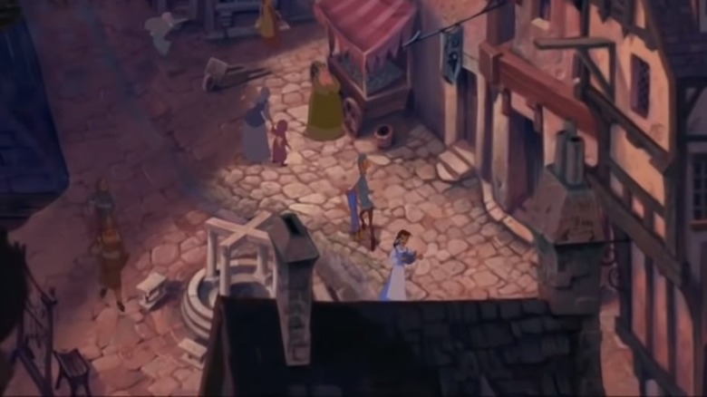 Disney crossover featuring Paris street with Belle in the corner in movie The Hunchback of Notre Dame