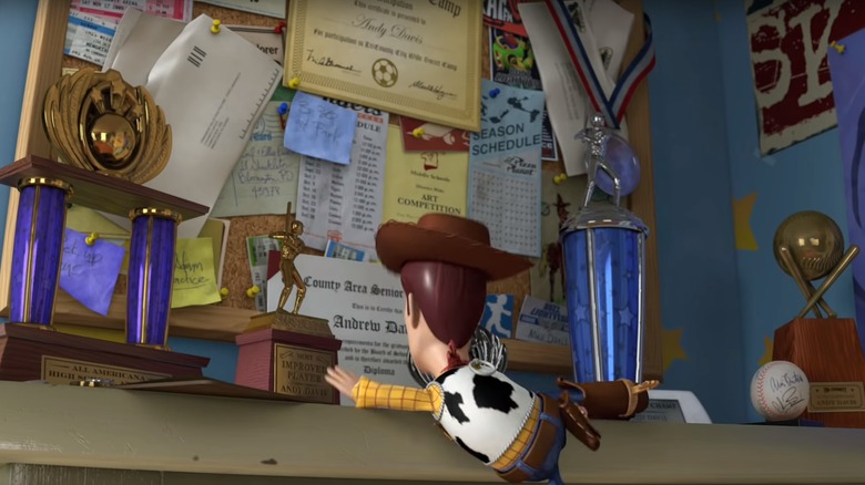 Woody next to the cork board in Disney crossover with Up