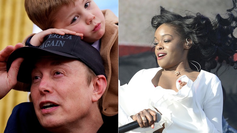 Elon Musk with son X on his shoulders/Azaelia Banks white shirt