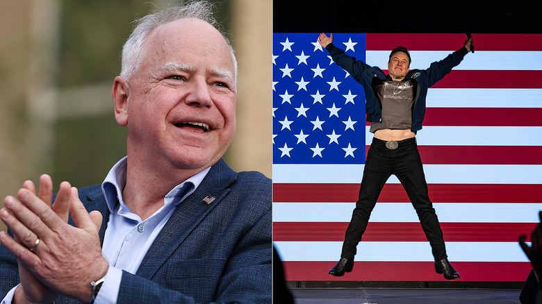 Tim Walz clapping/Elon Musk jumping on stage