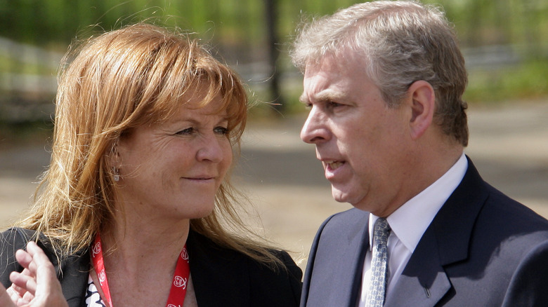 Prince Andrew and Sarah, Duchess of York outside suits