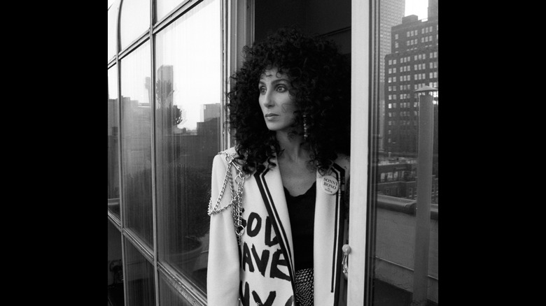 Cher in Stephen Sprouse God Save NYC blazer 