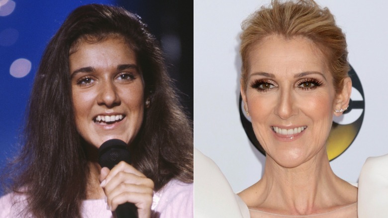 (L) young Celine Dion performing (R) Celine Dion smiling