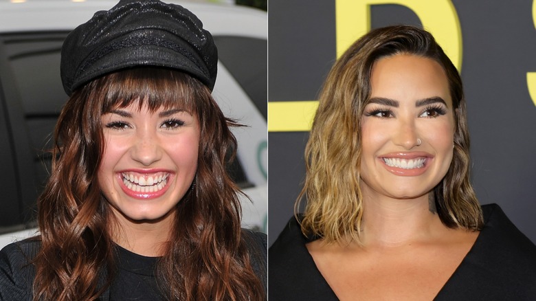 (L) Yound Demi Lovato smiling (R) Demi Lovato smiles on red carpet