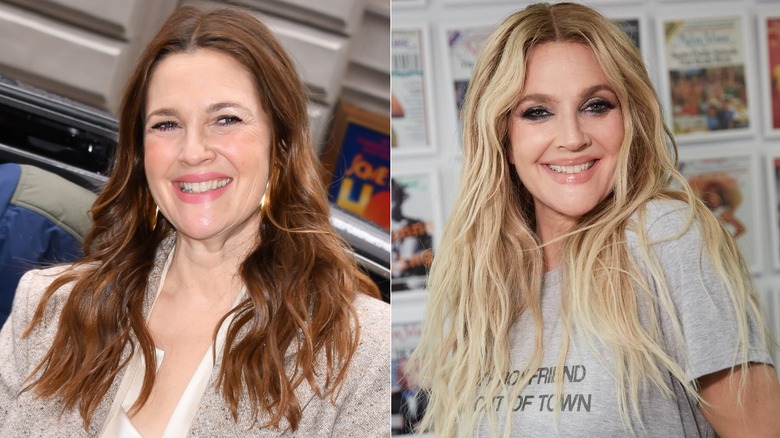 Split image of Drew Barrymore with two different hairstyles