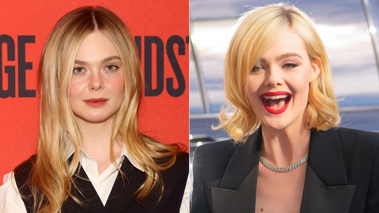 Split image of Elle Fanning with two different hairstyles