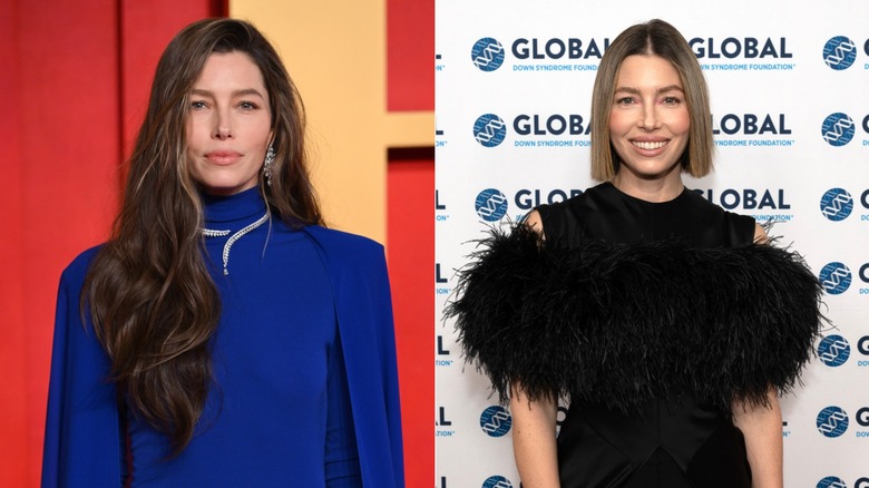 Split image of Jessica Biel with two different hairstyles