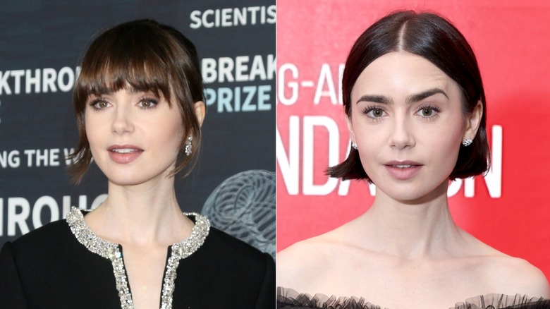 Split image of Lily Collins with two different hairstyles