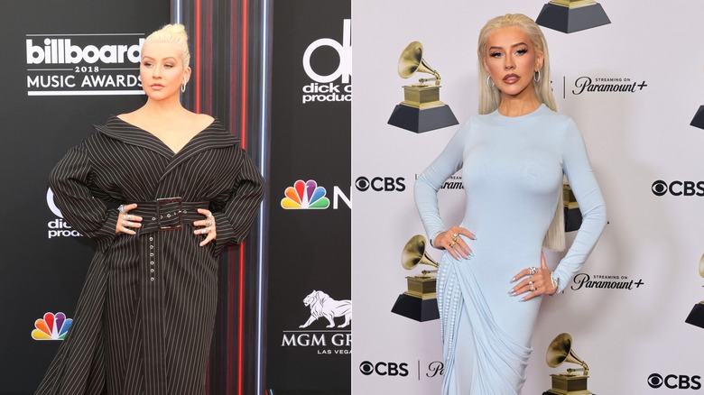 Christina Aguilera in black and white pinstriped coatdress at Billboard Music Awards and in light blue column dress at the Grammy's.