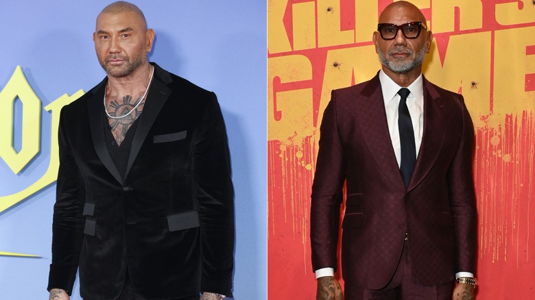 Dave Bautista in black blazer and shaved head and Dave Bautista in black suit and tie with sunglasses at Killer Games premier