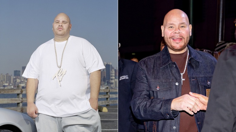 Fat Joe in white tee shirt and gold chain and Fat Joe in denim jacket and brown tee