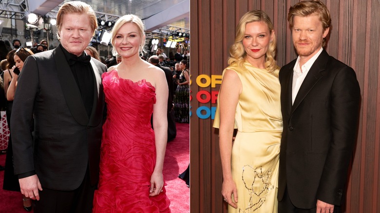 Jesse Plemons in black tux with wife Kirsten Dunst in red dress and in black suit and white shirt with Dunst in yellow