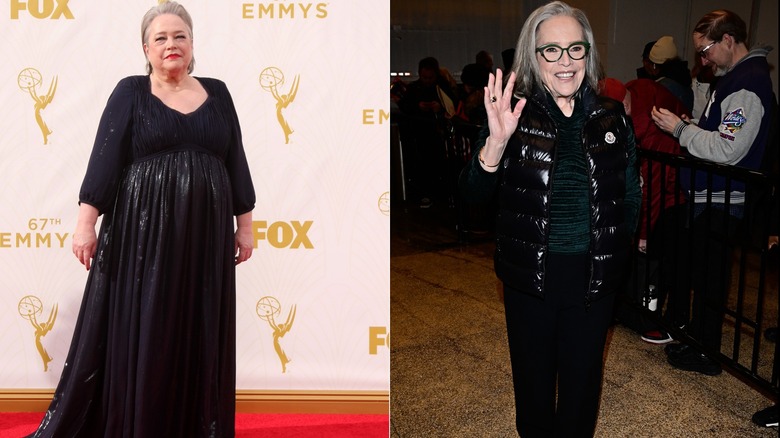 Kathy Bates in a black gown at the Emmys and in a black puffer vest and pants wearing black glasses at CBS