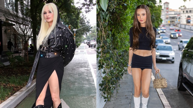 Kim Petras in black studded jacket and skirt in New York and in black crop top shorts and boots in LA