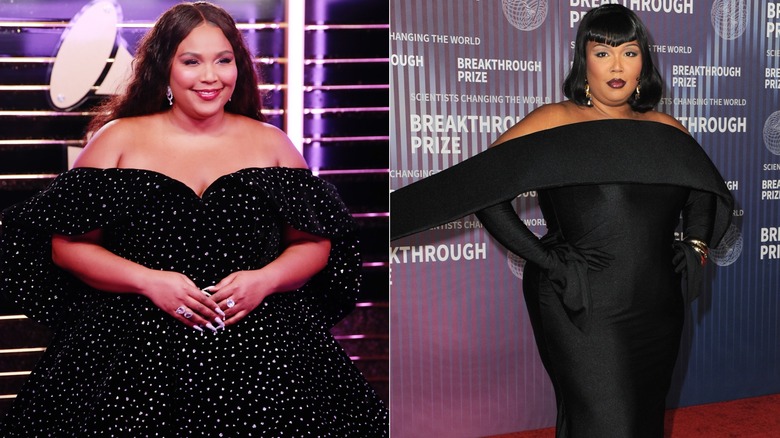 Lizzo in black off the shourlder sparkly gown and in black futuristic gown with short hair and bangs