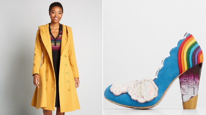 Yellow coat and rainbow shoes