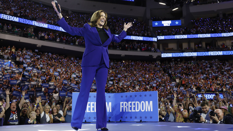 Kamala Harris smiling and raising arms on stage surrounded by thousands of supporters