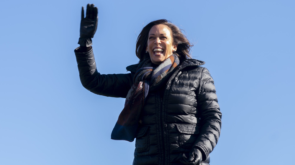 Kamala Harris wearing a puffy coat, waving