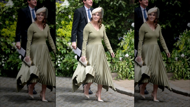 Princess Eugenie walking in green dress 